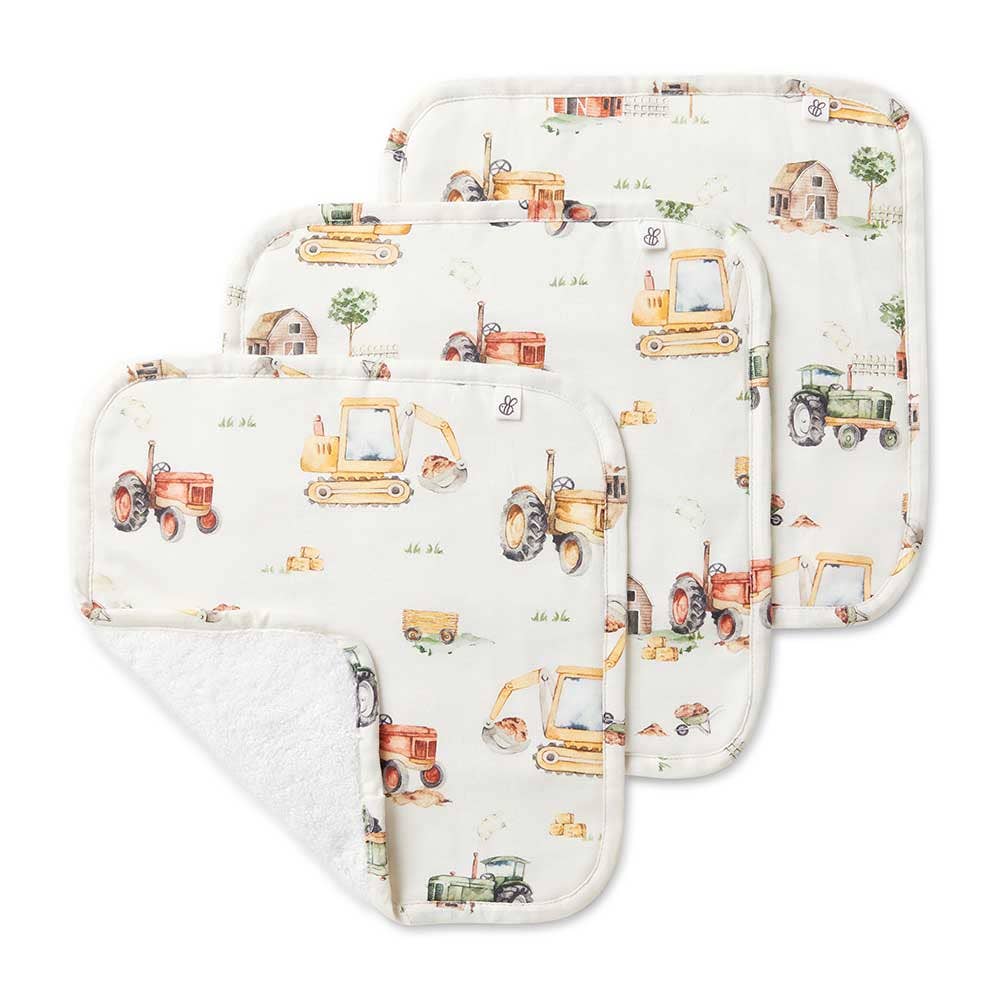 Snuggle Hunny - Diggers & Tractors Organic Wash Cloths - 3 Pack
