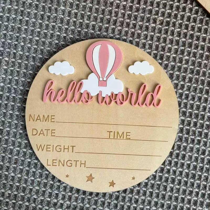 Hello World Baby Announcement Disc - Hot Air Balloon Pink