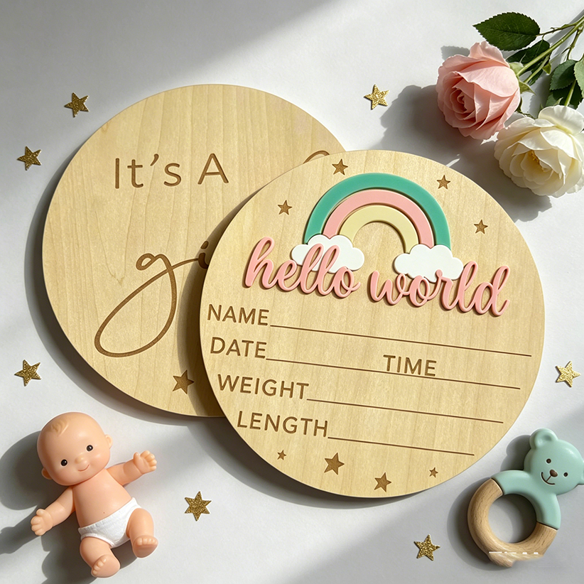 Hello World Baby Announcement Disc - Pastel Rainbow Round
