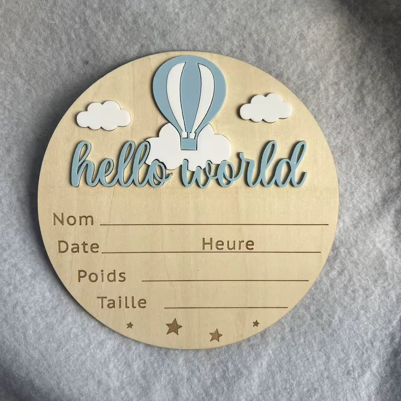 Hello World Baby Announcement Disc - Hot Air Balloon Blue