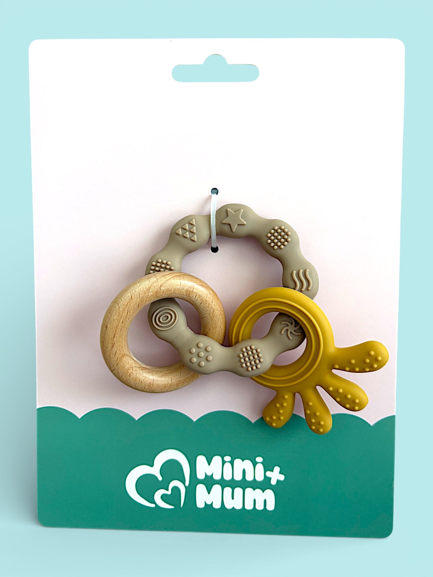 Three Piece Silicone and Wood Teething Ring