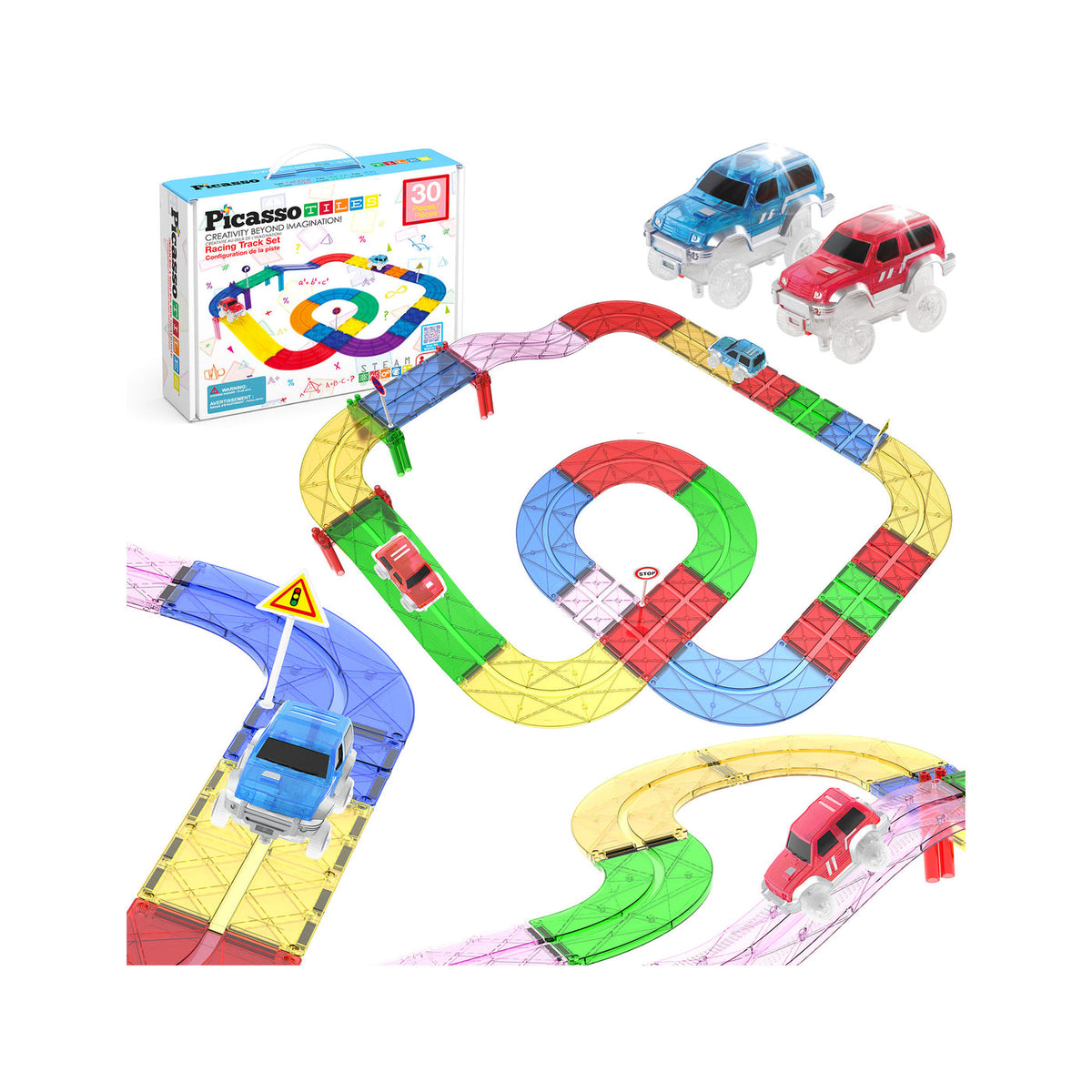 PicassoTiles 30pc Magnetic Race Track Building Blocks with Cars