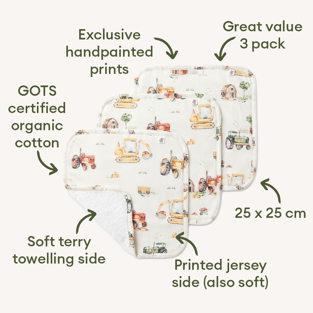 Snuggle Hunny Diggers & Tractors Organic Wash Cloths - 3 Pack