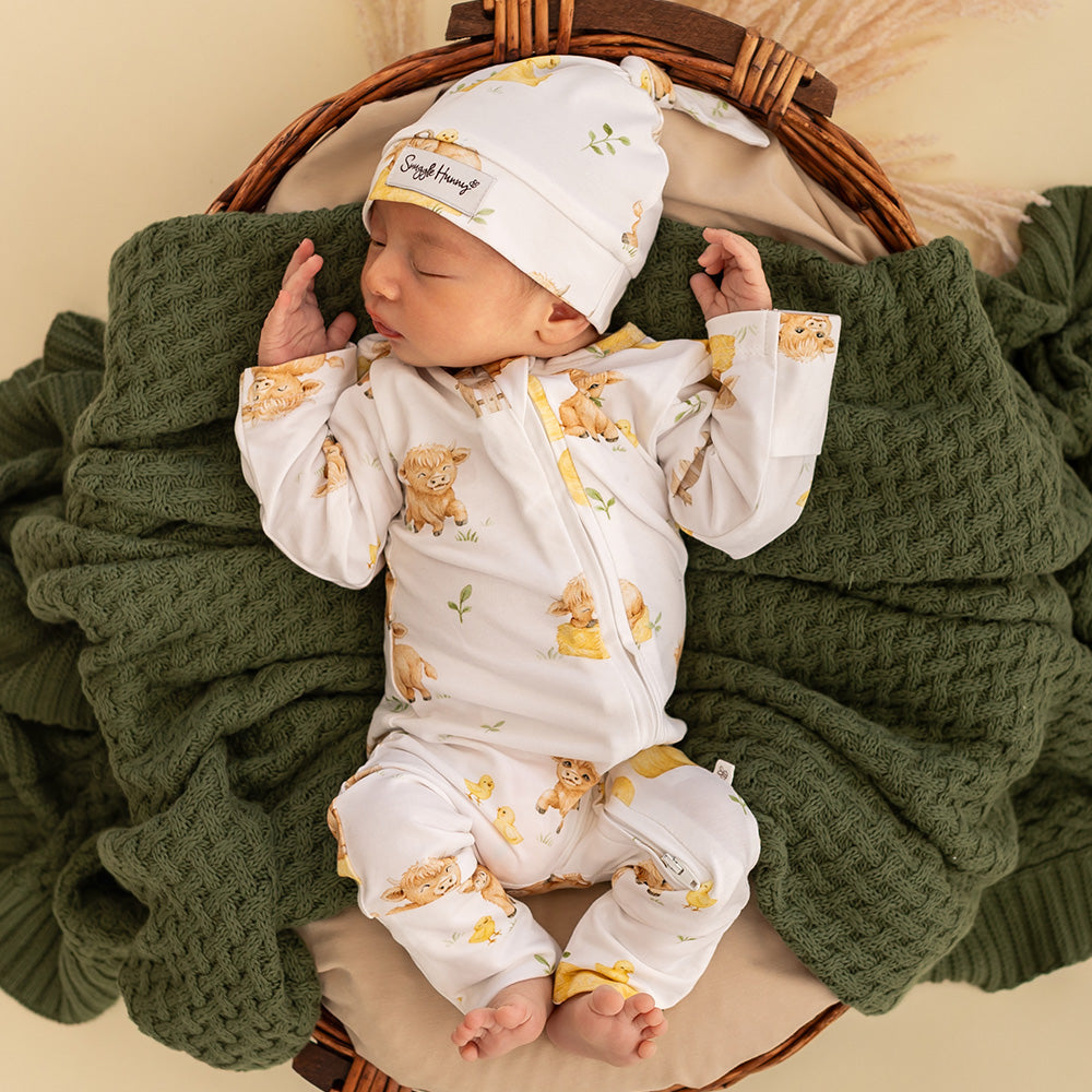Snuggle Hunny Highland Cows convertible romper on baby
