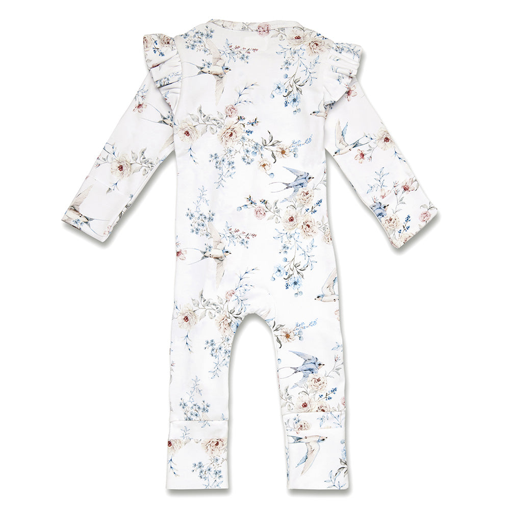 Snuggle Hunny Sweet Swallows Organic Snugglesuit Convertible Romper with Frill