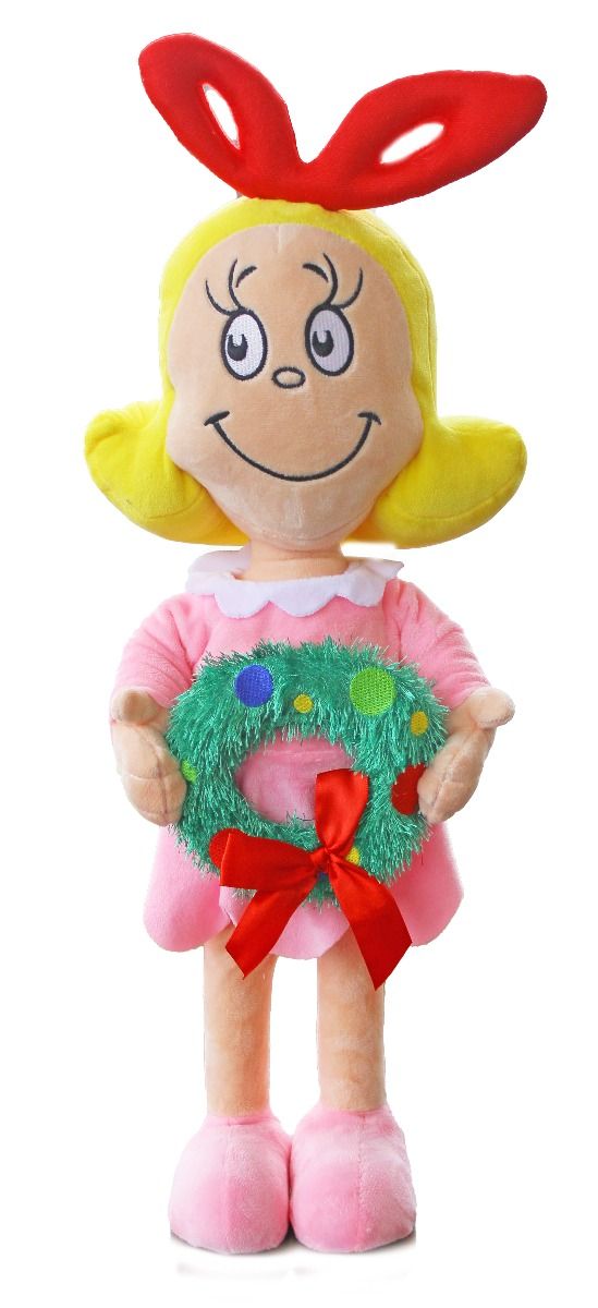 Holiday Greeter Cindy Lou Who plush figure holding a Christmas wreath