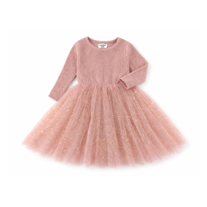Confetti Kidz - Long Sleeve Tulle Dress - Dusty Pink Sparkles