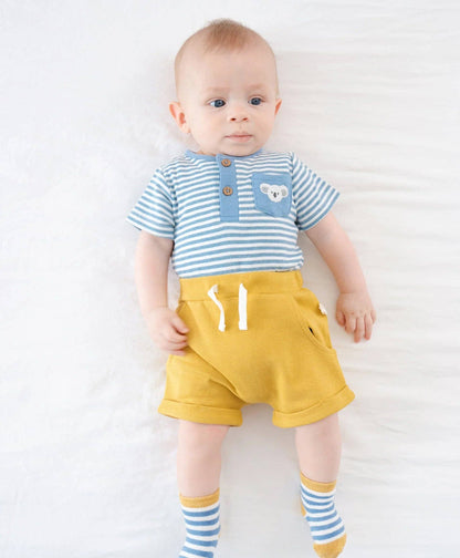 Lūmmi in Colour Babywear - Organic Cotton Short Sleeve Bodysuit - Koala & Blue Stripes