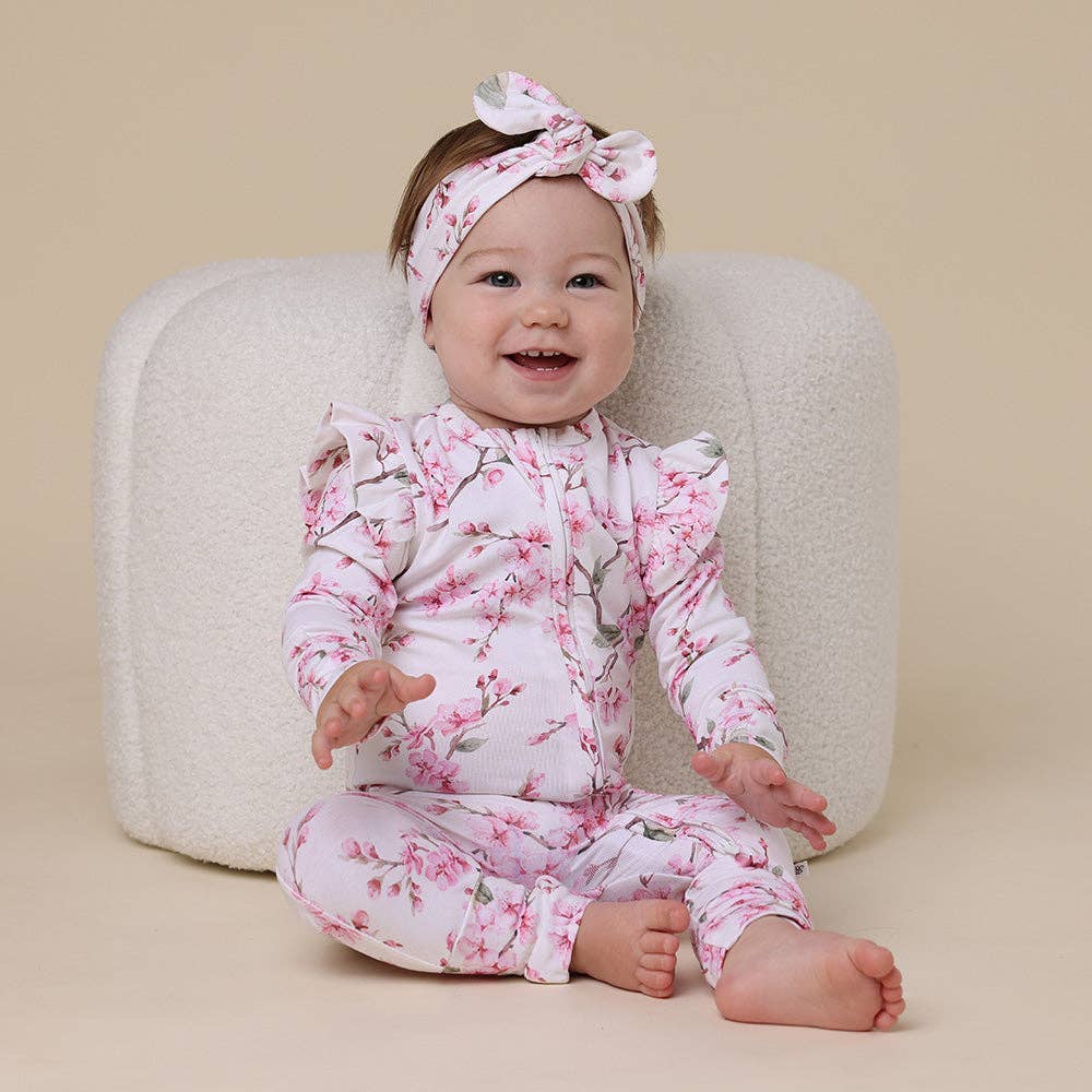 Snuggle Hunny - Cherry Blossom Organic Snugglesuit Convertible Romper with Frill