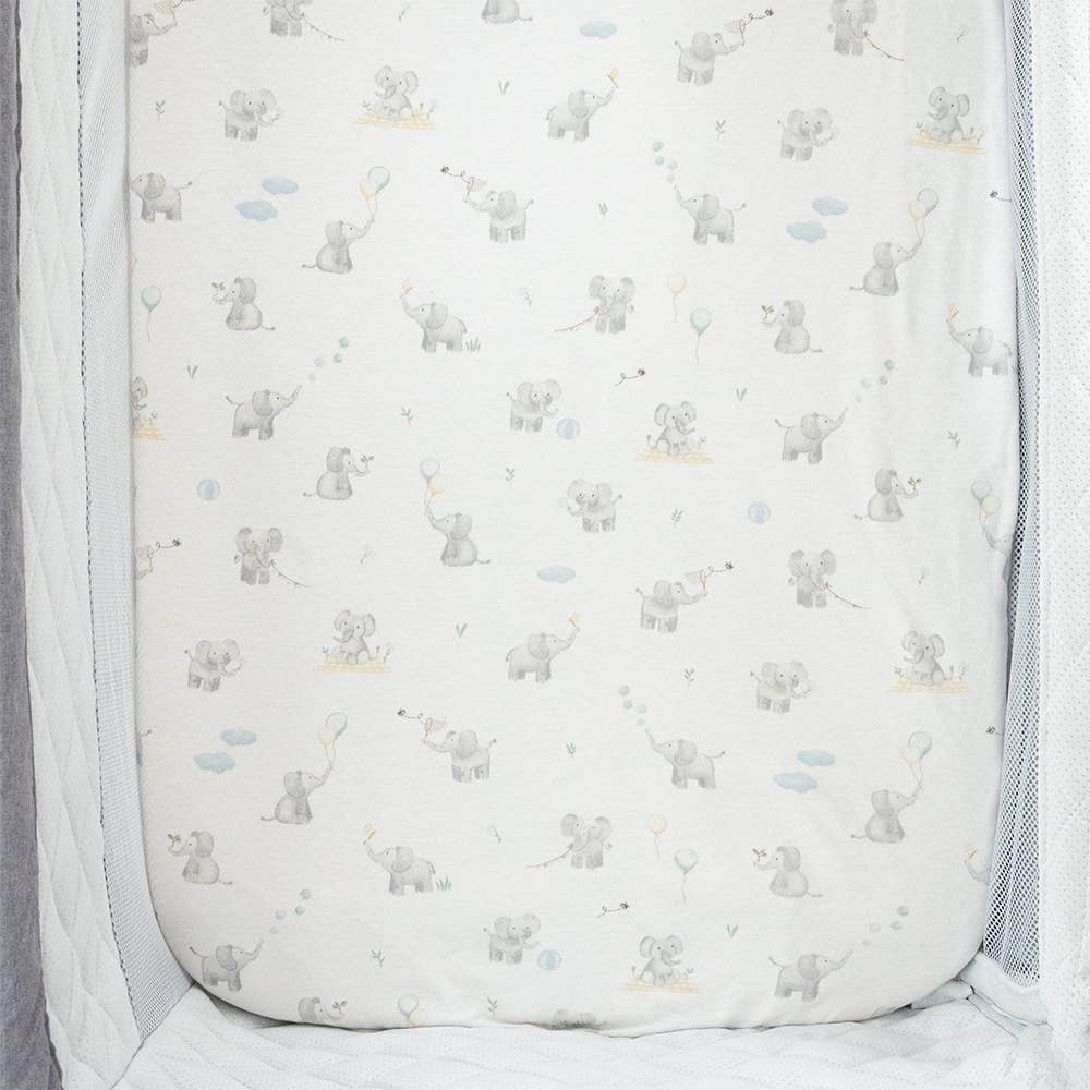 Living Textiles - Organic Port-a-Cot Fitted Sheet - Elephant Playtime