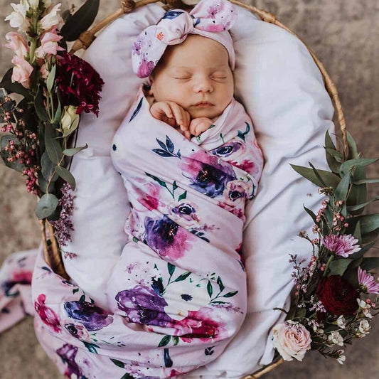 Snuggle Hunny - Floral Kiss Baby Jersey Wrap & Topknot Set