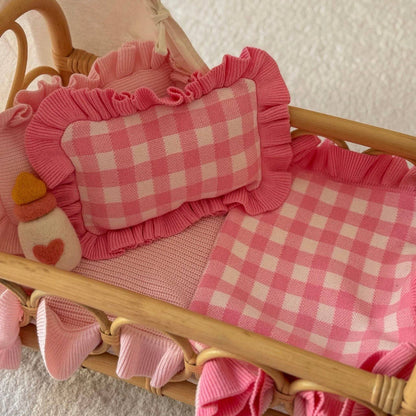 SALLI COLLECTIVE - Frilled tulip Pink Gingham doll Blanket + Pillow set