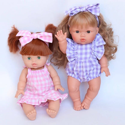 SALLI COLLECTIVE - Lilac Gingham Doll Clothes Doll Romper Outfit for Miniland, Baby Dolls & 38cm Dolls