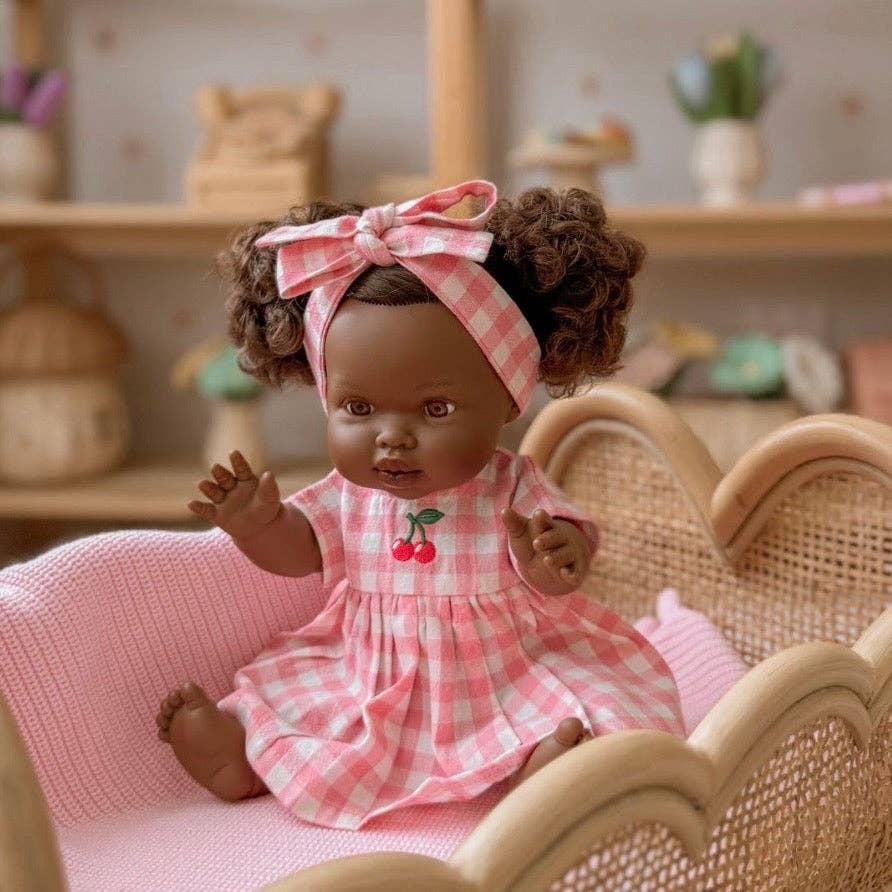SALLI COLLECTIVE - Blush Cherry 🍒 Gingham Chloe Gingham dress - Fits 34-38cm Minikane Gordis, Mini Colettos, Llorens dolls
