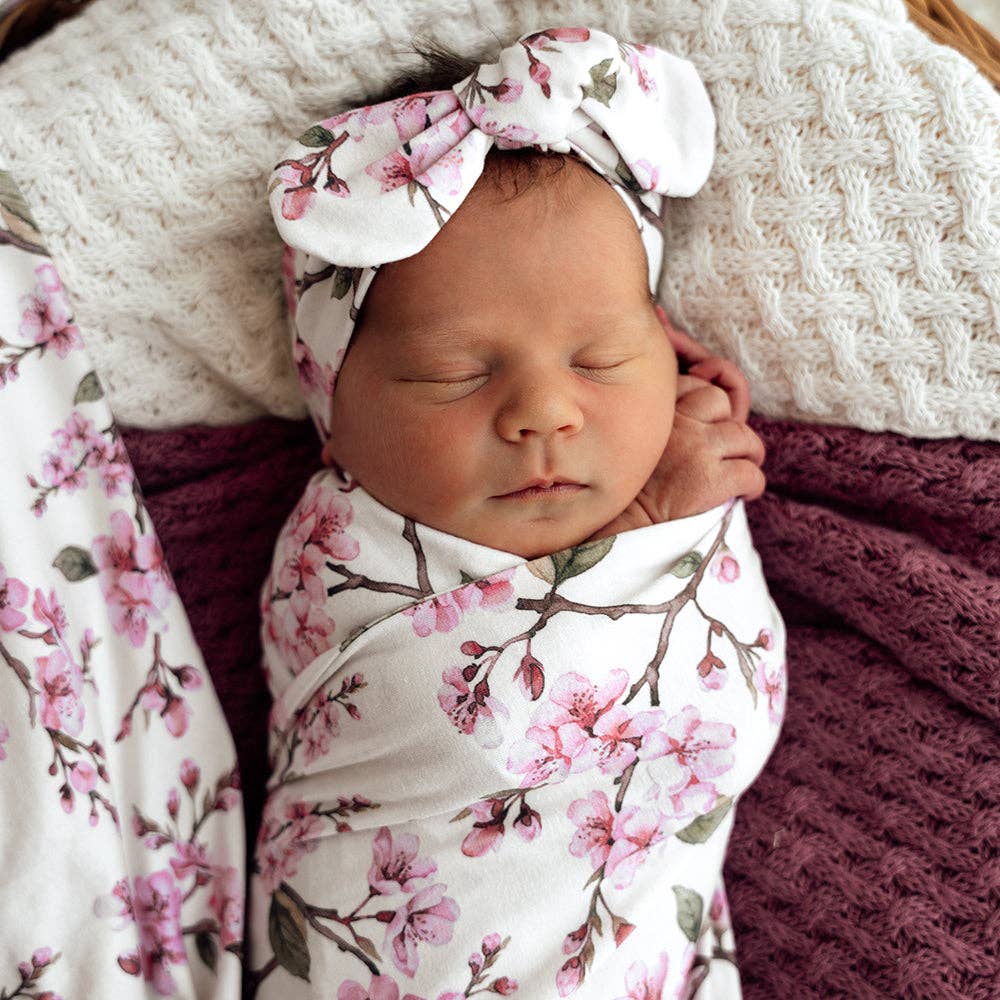 Snuggle Hunny - Cherry Blossom Organic Jersey Wrap & Topknot Set