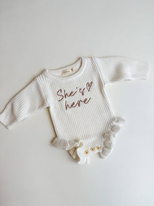 Petite + Co - SHE'S HERE HEART - FRILL LEG ROMPER | MILK