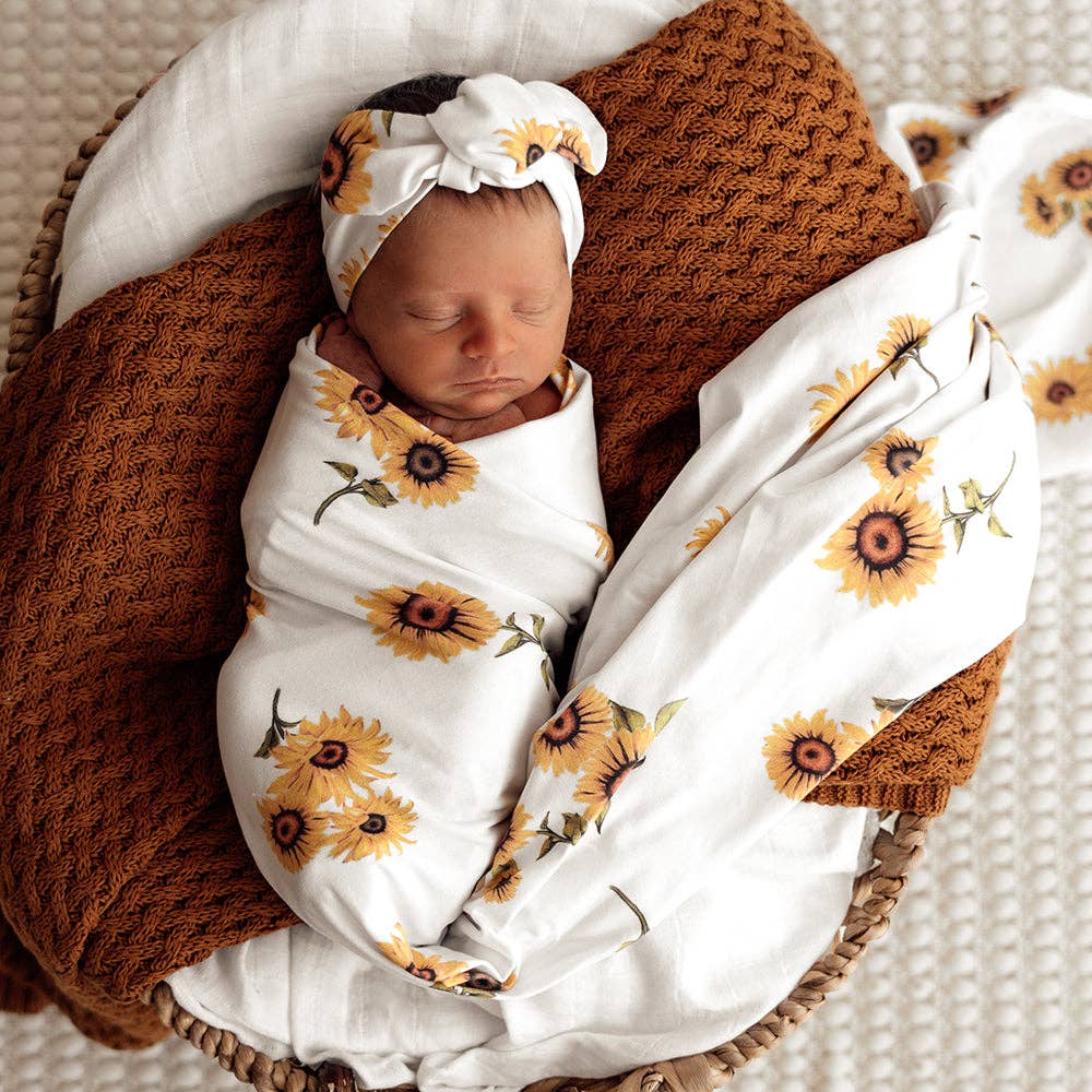 Snuggle Hunny - Sunflower Organic Jersey Wrap & Topknot Set