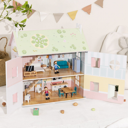 Wooden Doll House dolls and rooms