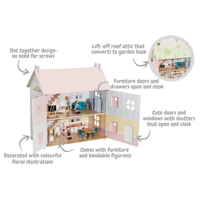 Wooden Doll House garden roof flip