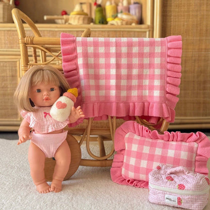 SALLI COLLECTIVE - Frilled tulip Pink Gingham doll Blanket + Pillow set