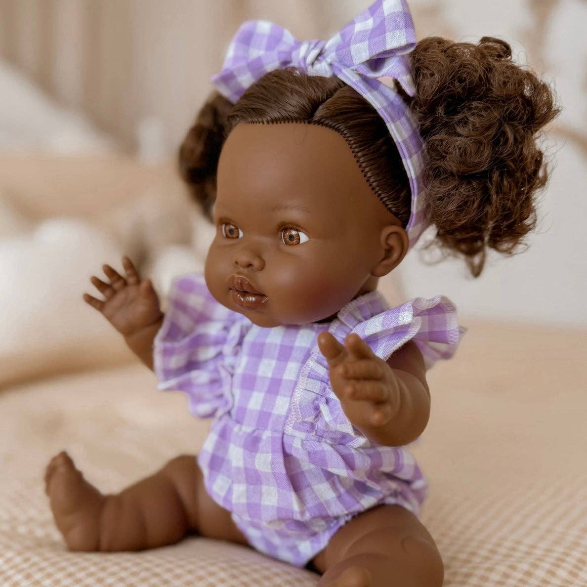 SALLI COLLECTIVE - Lilac Gingham Doll Clothes Doll Romper Outfit for Miniland, Baby Dolls & 38cm Dolls
