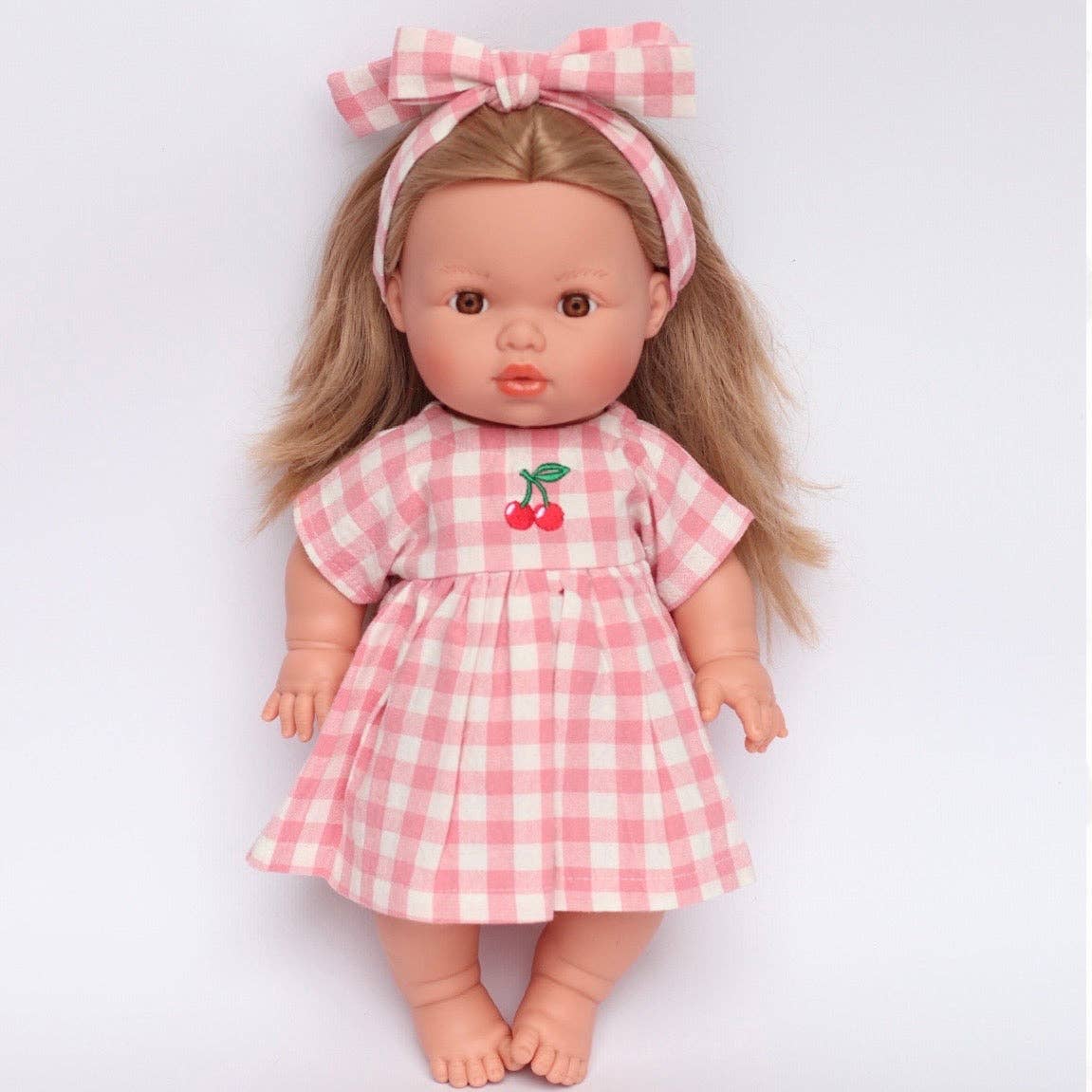 SALLI COLLECTIVE - Blush Cherry 🍒 Gingham Chloe Gingham dress - Fits 34-38cm Minikane Gordis, Mini Colettos, Llorens dolls