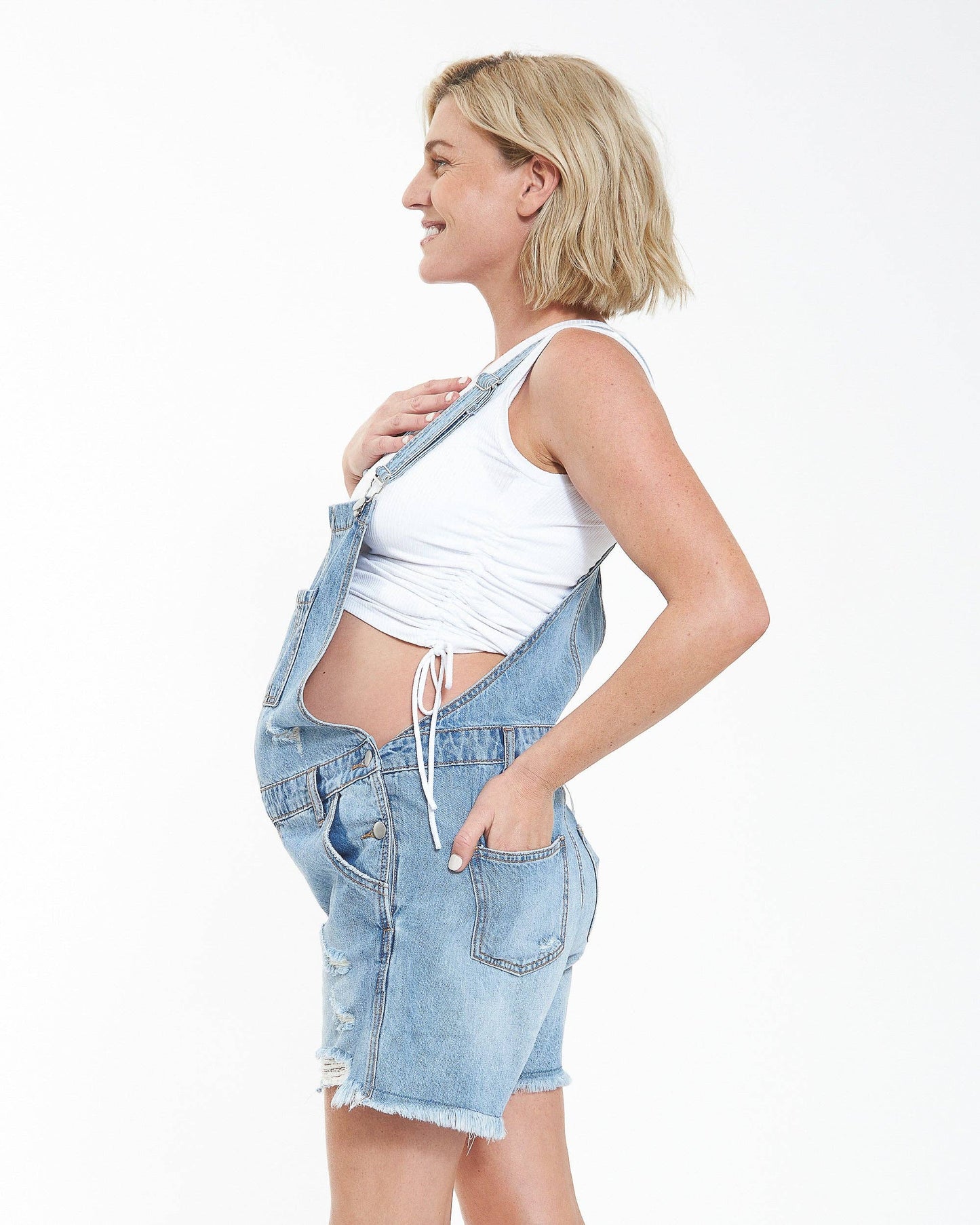 Ripe Maternity - Denim Short Overalls Pale Blue