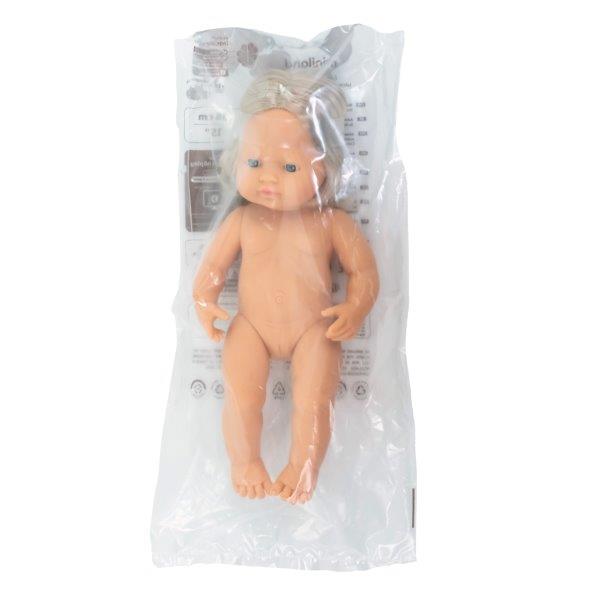 Miniland 38cm blonde caucasian girl doll polybag packaging