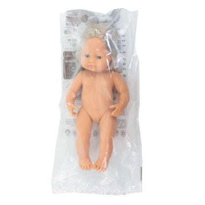 Miniland 38cm blonde caucasian girl doll polybag packaging