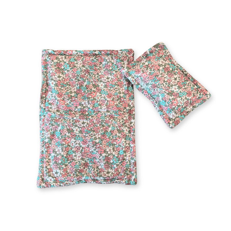 Lola and Bear pink floral doll bedding set quilt and pillow