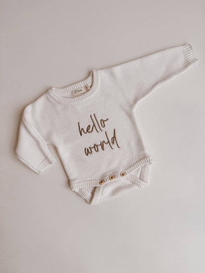 Petite + Co - HELLO WORLD - CLASSIC BIRTH ANNOUNCEMENT ROMPER | MILK