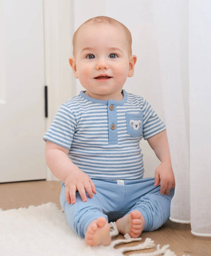 Lūmmi in Colour Babywear - Organic Cotton Short Sleeve Bodysuit - Koala & Blue Stripes