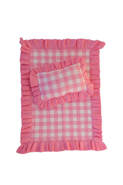 SALLI COLLECTIVE - Frilled tulip Pink Gingham doll Blanket + Pillow set