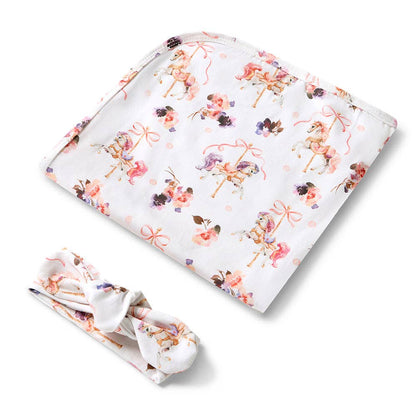 Snuggle Hunny - Carousel Organic Jersey Wrap & Topknot Set