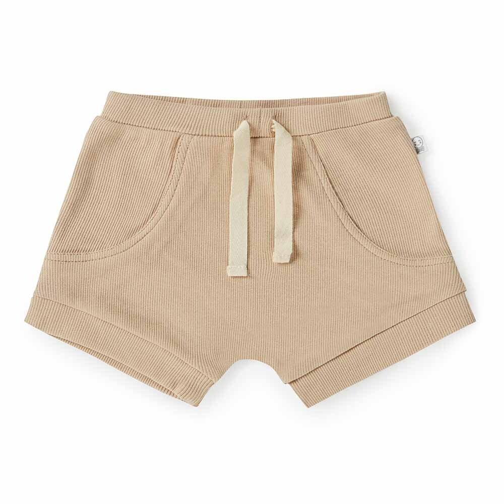 Snuggle Hunny Pebble organic shorts flatlay