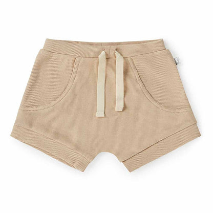 Snuggle Hunny Pebble organic shorts flatlay
