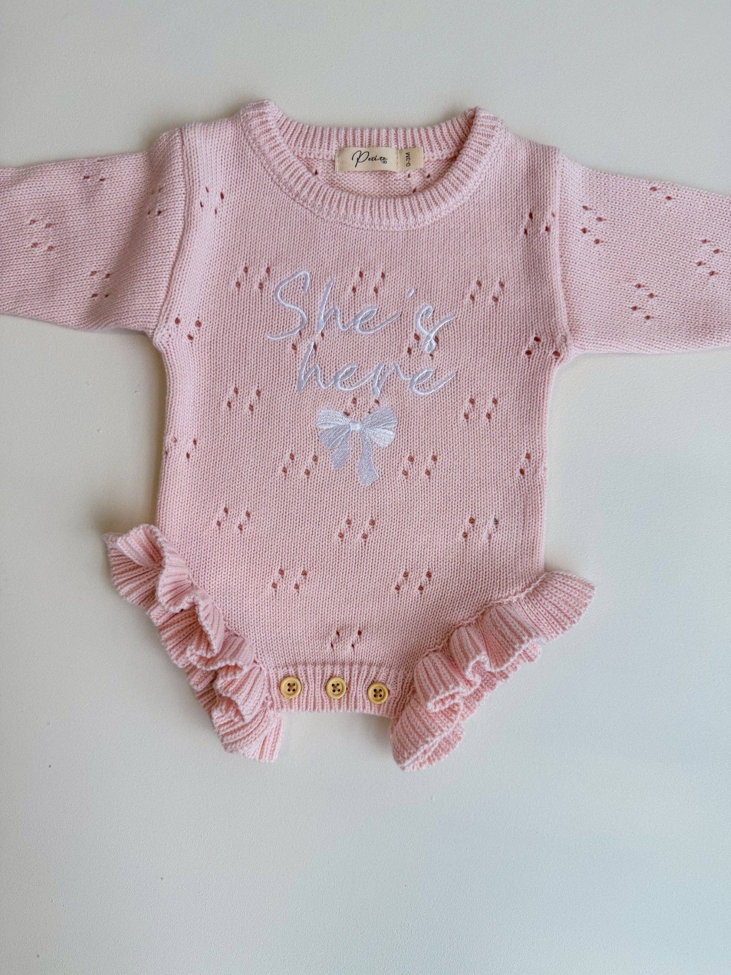 Petite + Co - She's Here Bow - Pointelle Frill Romper - Baby Pink