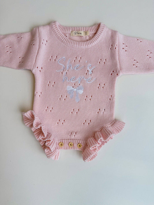 Petite + Co - She's Here Bow - Pointelle Frill Romper - Baby Pink