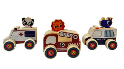 ToysLink - Wooden Mini Wheelie Emergency Vehicles with Animals