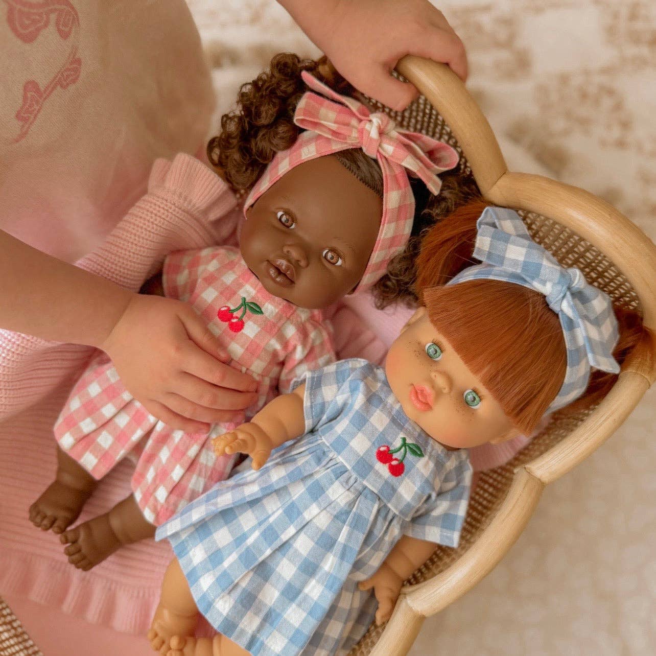 SALLI COLLECTIVE - Blush Cherry 🍒 Gingham Chloe Gingham dress - Fits 34-38cm Minikane Gordis, Mini Colettos, Llorens dolls