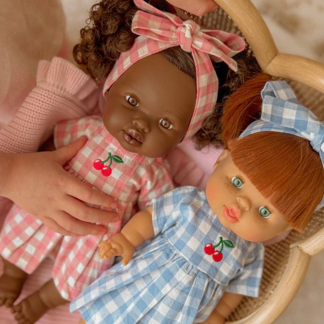 SALLI COLLECTIVE - Blush Cherry 🍒 Gingham Chloe Gingham dress - Fits 34-38cm Minikane Gordis, Mini Colettos, Llorens dolls