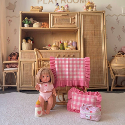 SALLI COLLECTIVE - Frilled tulip Pink Gingham doll Blanket + Pillow set