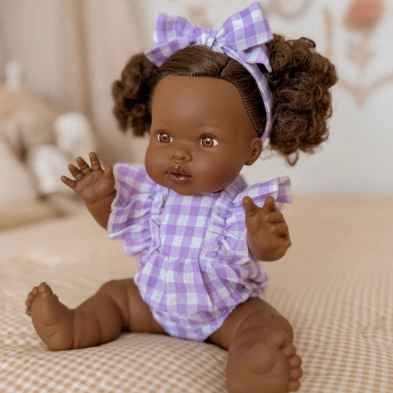 SALLI COLLECTIVE - Lilac Gingham Doll Clothes Doll Romper Outfit for Miniland, Baby Dolls & 38cm Dolls