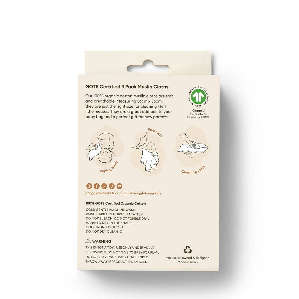 Snuggle Hunny - Small Organic Muslin Cloths 3 Pack - Cherry Blossom/Milk/Fairytale
