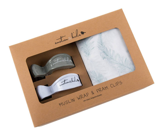 Emotion & Kids - Grey Feather Muslin Wrap & Grey White Pram Clip Set
