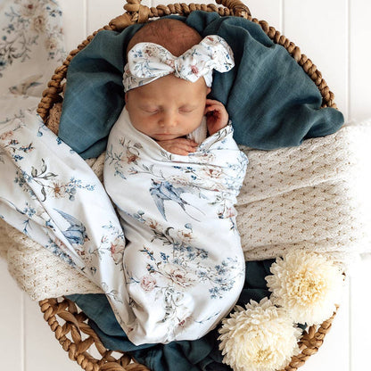 Snuggle Hunny - Sweet Swallows Organic Jersey Wrap & Topknot Set