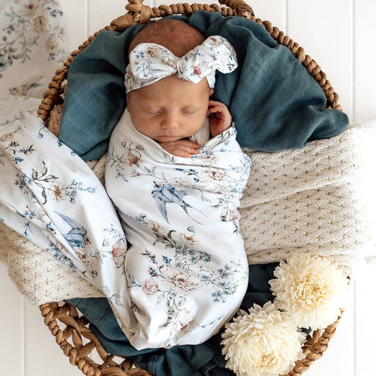 Snuggle Hunny - Sweet Swallows Organic Jersey Wrap & Topknot Set