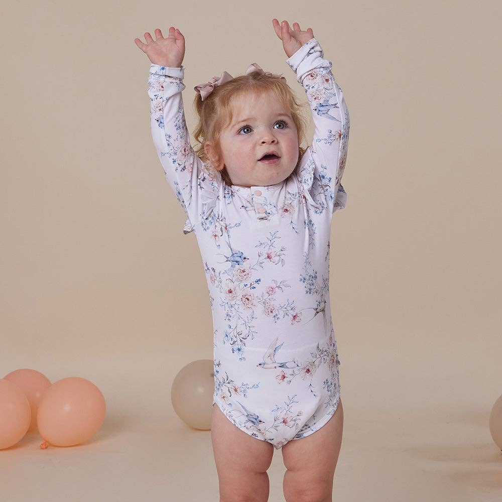 Snuggle Hunny - Sweet Swallows Long Sleeve Organic Bodysuit with Frill