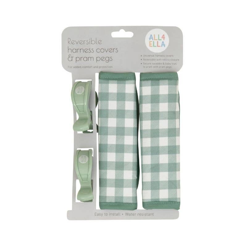 All4Ella - Reversible Harness Covers & Pram Pegs - Gingham Sage