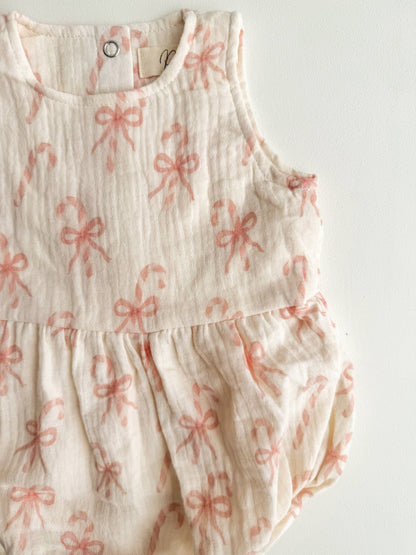 Petite + Co - MUSLIN BOW CANDY CANE ROMPER